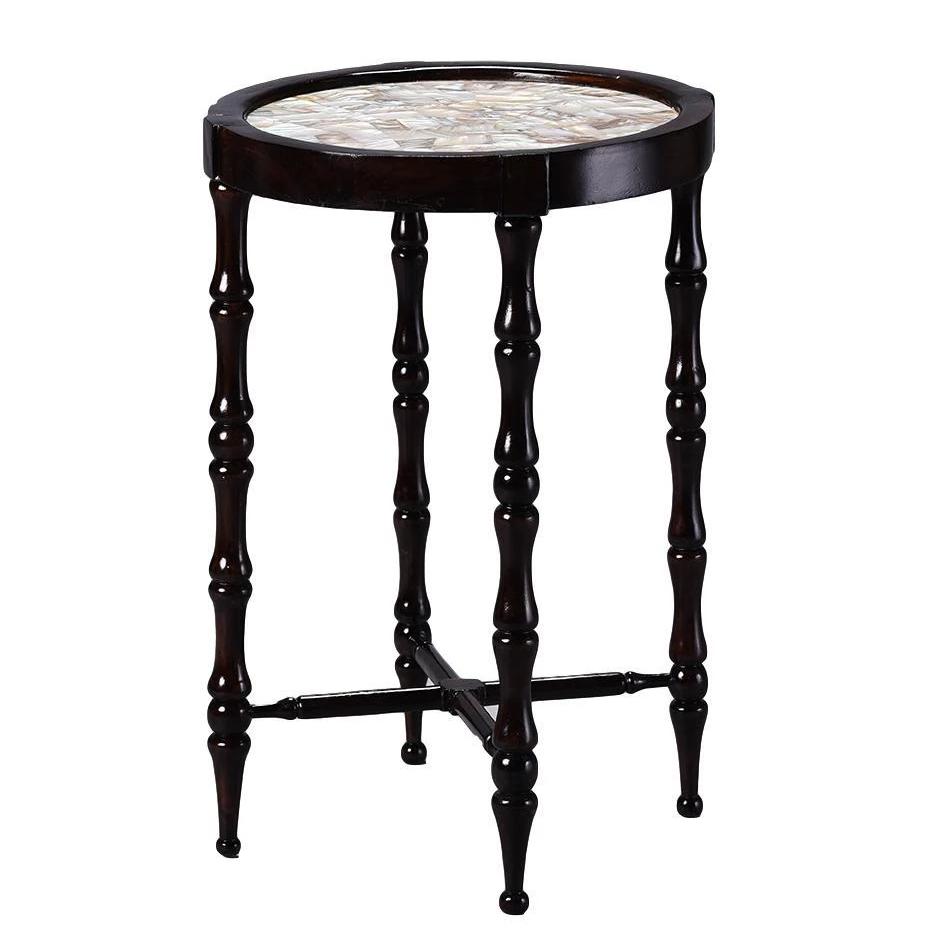 British Colonial Overlay Bamboo Motif Side Table with Mother of Pearl Top